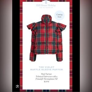 Hill House Red Tartan Ruffle Sleeve Puffer Jacket